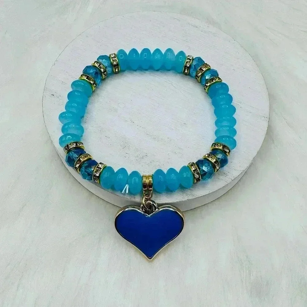 Blue Beaded Bracelet Heart Pendant Bracelet